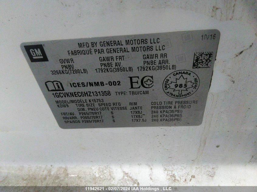 2017 Chevrolet Silverado 1500 VIN: 1GCVKNEC6HZ131358 Lot: 11942621