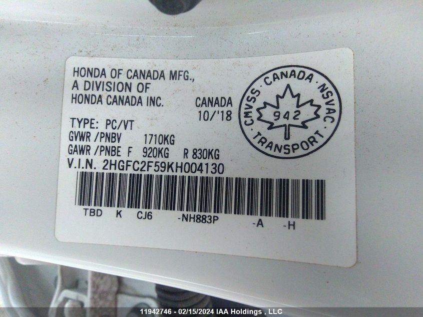 2019 Honda Civic Sedan VIN: 2HGFC2F59KH004130 Lot: 11942746