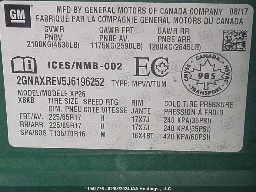 2018 Chevrolet Equinox VIN: 2GNAXREV5J6196252 Lot: 11942776