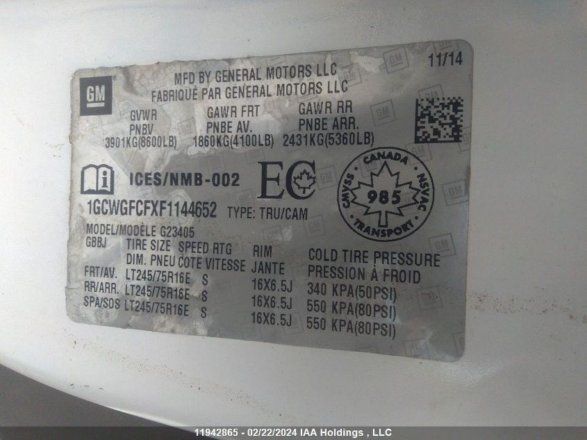 2015 Chevrolet Express VIN: 1GCWGFCFXF1144652 Lot: 11942865