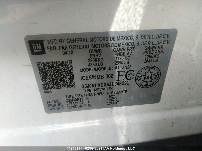 2018 GMC Terrain Denali VIN: 3GKALXEX6JL348291 Lot: 11943111