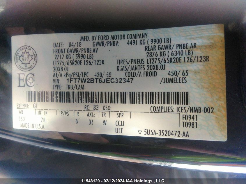 2018 Ford F250 Super Duty VIN: 1FT7W2BT6JEC32347 Lot: 11943129