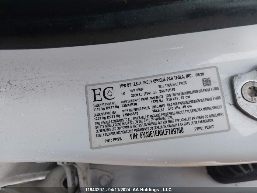 2020 Tesla Model 3 VIN: 5YJ3E1EA5LF789760 Lot: 11943297