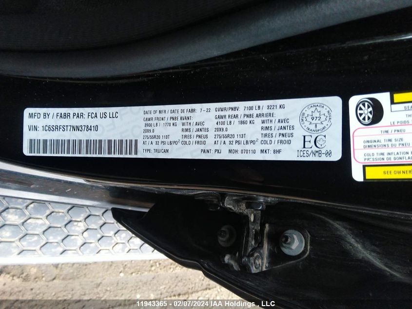 2022 Ram 1500 Limited Longhorn VIN: 1C6SRFST7NN378410 Lot: 11943365