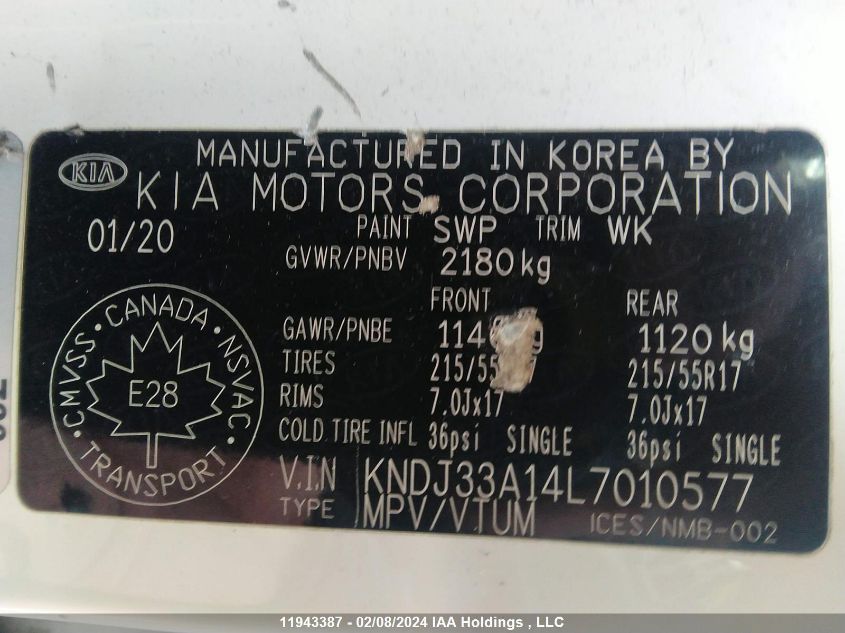 2020 Kia Soul Ev Designer VIN: KNDJ33A14L7010577 Lot: 11943387