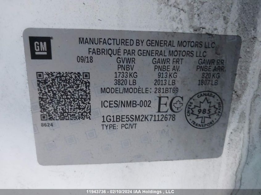 2019 Chevrolet Cruze VIN: 1G1BE5SM2K7112678 Lot: 11943736