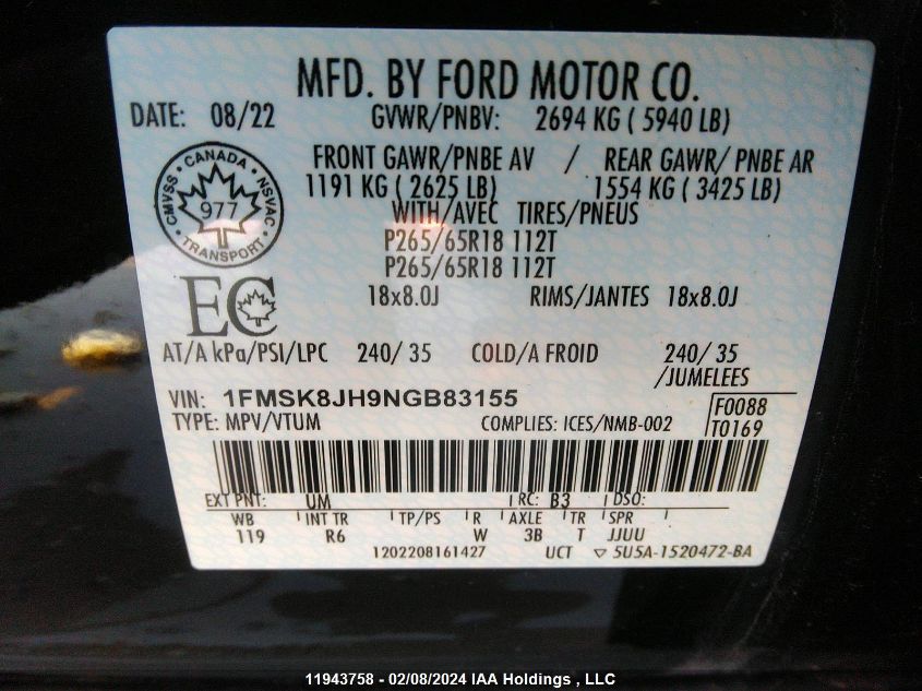 2022 Ford Explorer Timberline VIN: 1FMSK8JH9NGB83155 Lot: 11943758