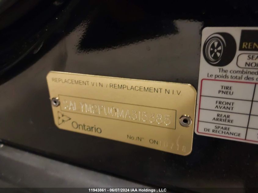 2021 Land Rover Range Rover Velar VIN: SALYM2FU0MA315385 Lot: 11943861