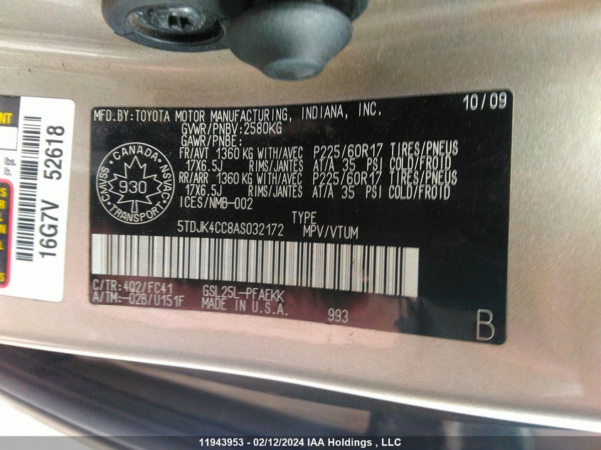 2010 Toyota Sienna VIN: 5TDJK4CC8AS032172 Lot: 11943953