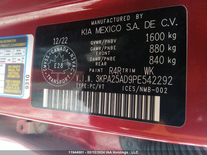 2023 Kia Rio VIN: 3KPA25AD9PE542292 Lot: 11944001