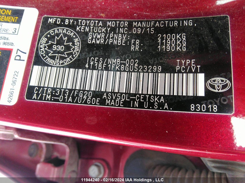 2016 Toyota Camry Le/Se/Xle/Xse VIN: 4T1BF1FK8GU523299 Lot: 11944240