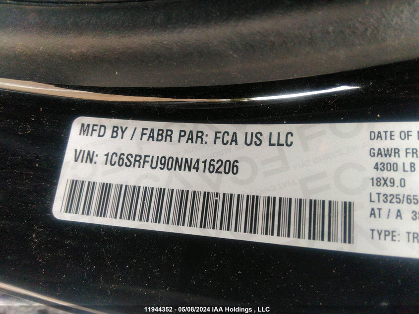 2022 Dodge Ram 1500 VIN: 1C6SRFU90NN416206 Lot: 11944352