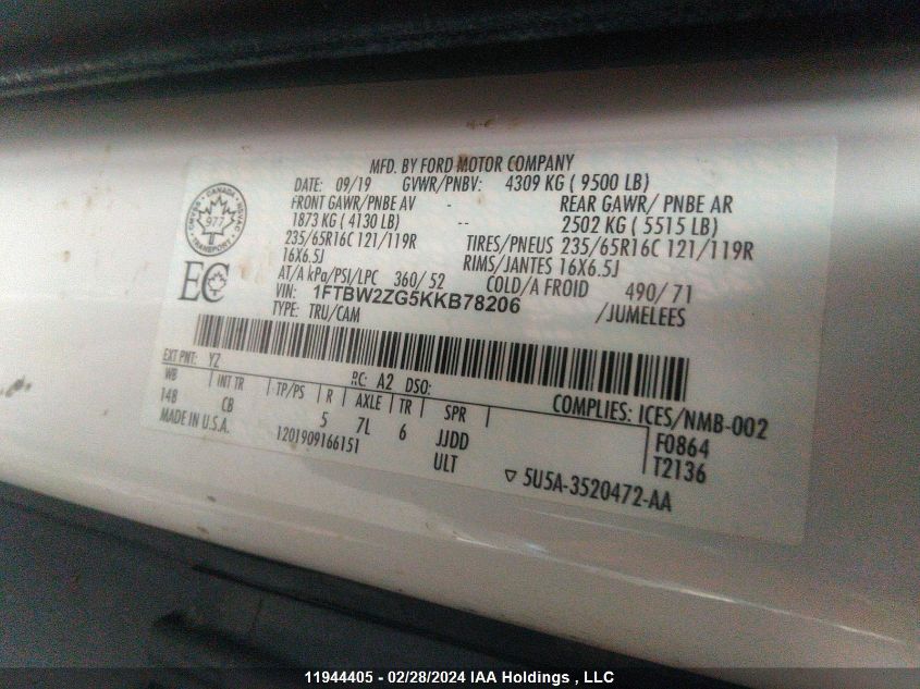 2019 Ford Transit VIN: 1FTBW2ZG5KKB78206 Lot: 11944405