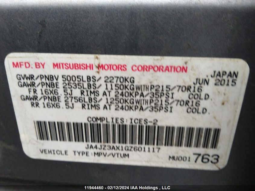 2016 Mitsubishi Outlander VIN: JA4JZ3AX1GZ601117 Lot: 11944460