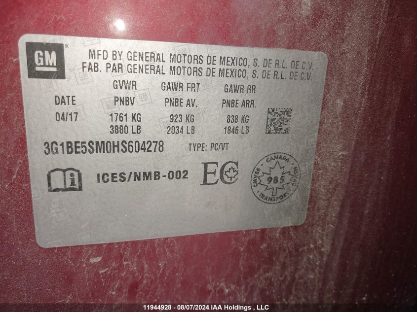 2017 Chevrolet Cruze VIN: 3G1BE5SM0HS604278 Lot: 11944928