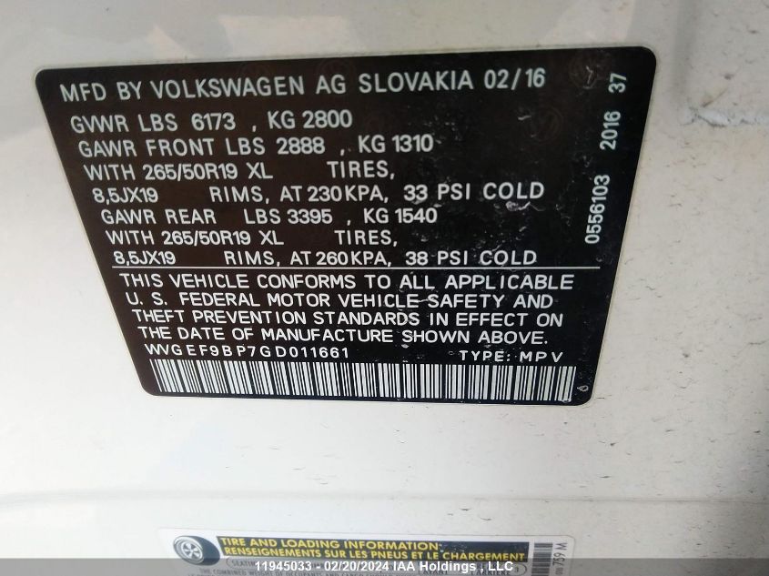 2016 Volkswagen Touareg Vr6 Executive/Vr6 Lux/Vr6 Sport VIN: WVGEF9BP7GD011661 Lot: 11945033