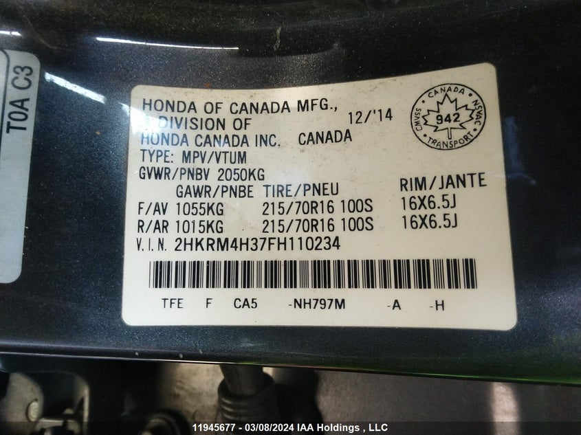 2015 Honda Cr-V Lx VIN: 2HKRM4H37FH110234 Lot: 11945677