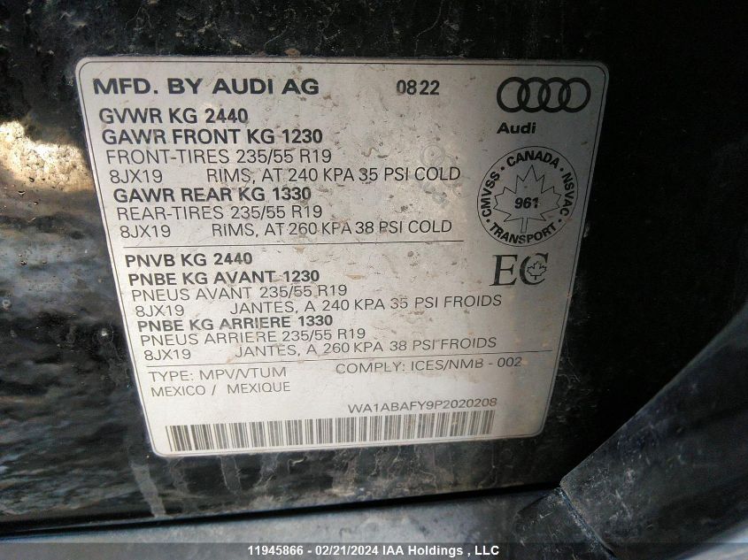 2023 Audi Q5 VIN: WA1ABAFY9P2020208 Lot: 11945866