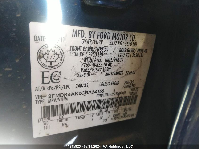 2012 Ford Edge Sport VIN: 2FMDK4AK2CBA24155 Lot: 11945923