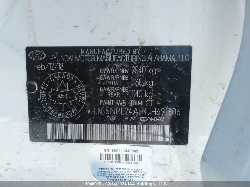 2018 Hyundai Sonata VIN: 5NPE24AF4JH691306 Lot: 11946019