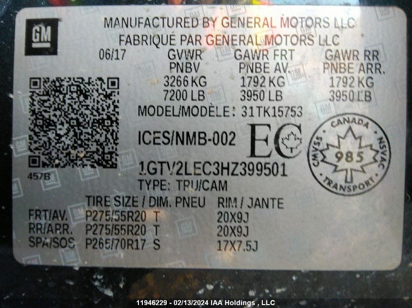 2017 GMC Sierra K1500 VIN: 1GTV2LEC3HZ399501 Lot: 11946229