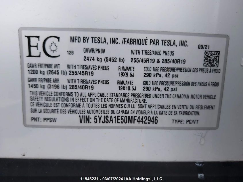 2021 Tesla Model S VIN: 5YJSA1E50MF442946 Lot: 11946231