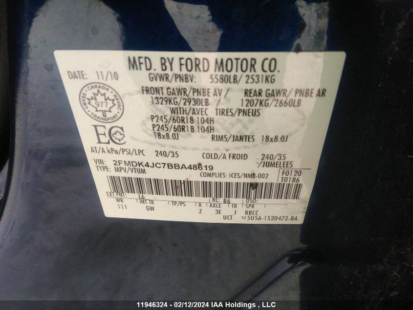 2011 Ford Edge Sel VIN: 2FMDK4JC7BBA48619 Lot: 39241400