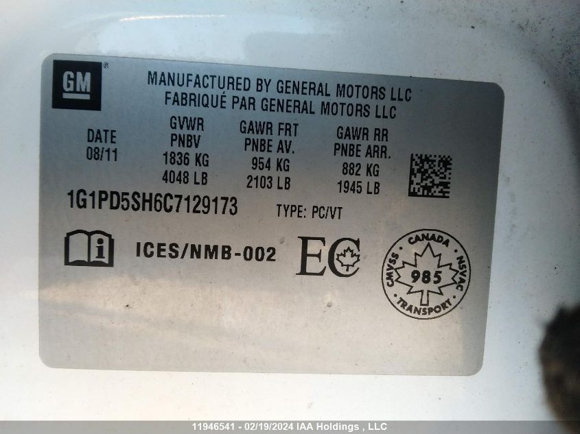 2012 Chevrolet Cruze VIN: 1G1PD5SH6C7129173 Lot: 11946541