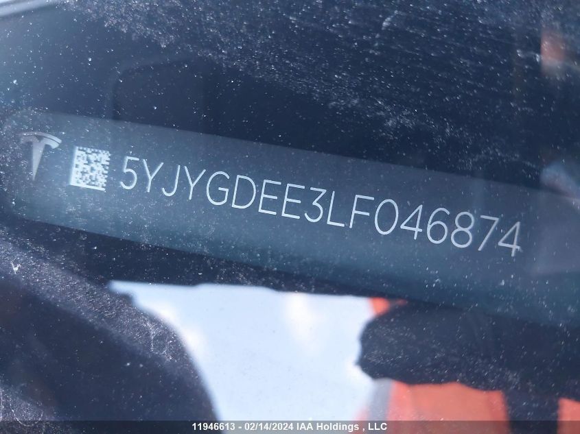 2020 Tesla Model Y VIN: 5YJYGDEE3LF046874 Lot: 11946613