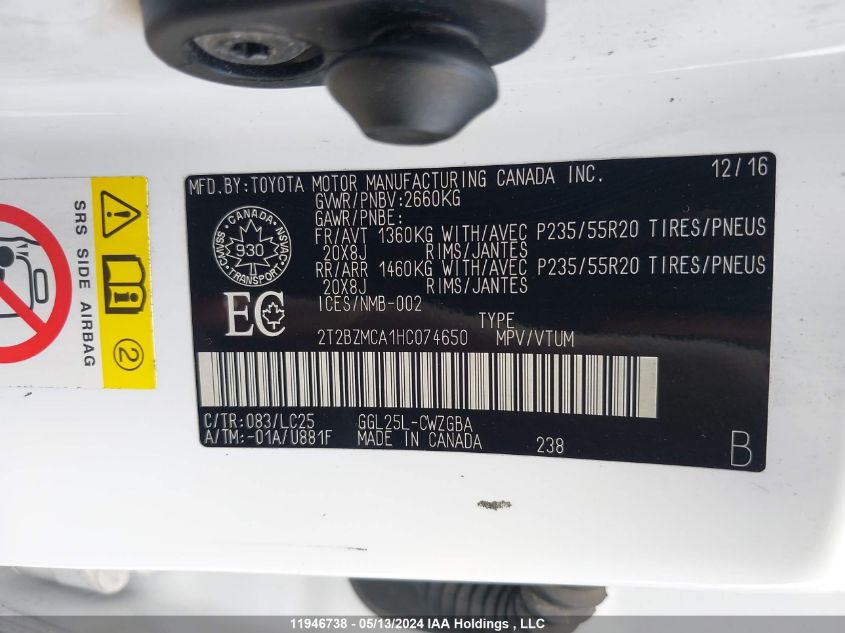 2017 Lexus Rx 350 VIN: 2T2BZMCA1HC074650 Lot: 11946738