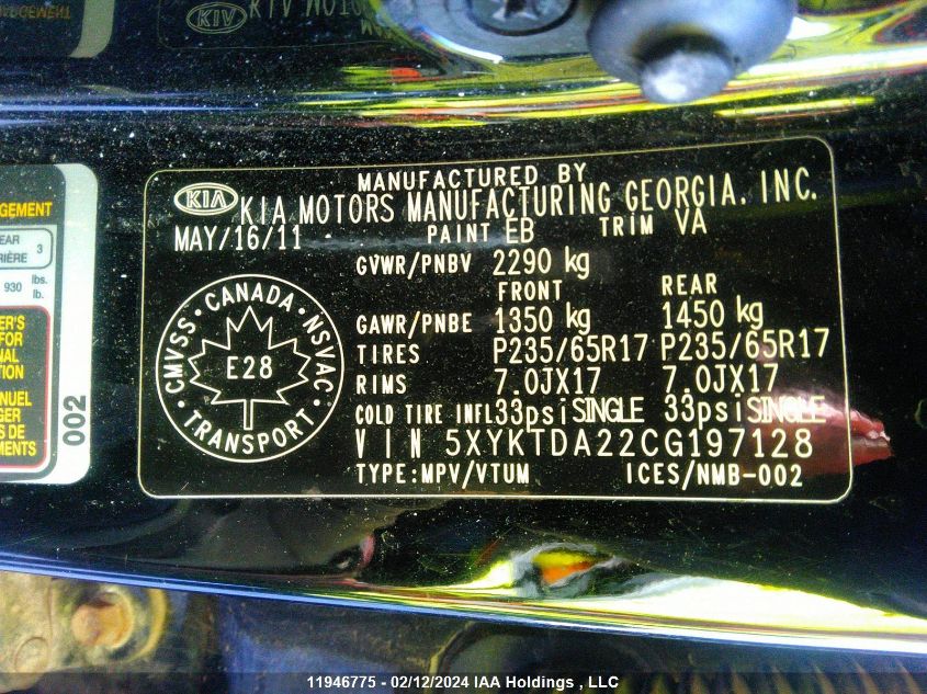 5XYKTDA22CG197128 2012 Kia Sorento Lx