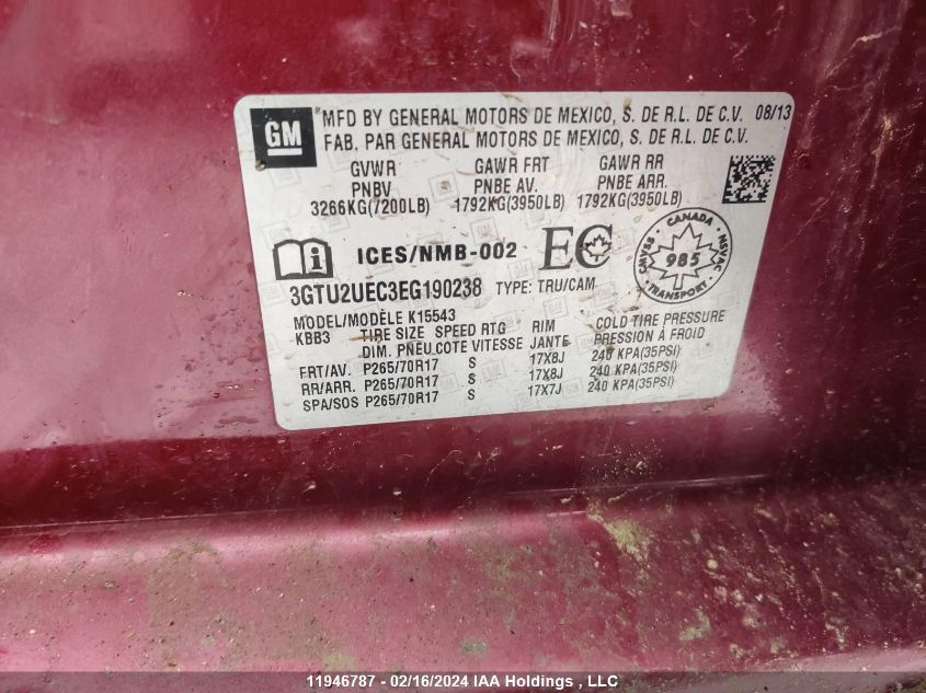 2014 GMC Sierra K1500 Sle VIN: 3GTU2UEC3EG190238 Lot: 11946787