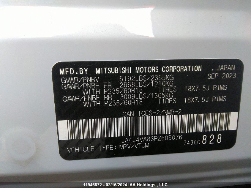 2024 Mitsubishi Outlander VIN: JA4J4VA83RZ605076 Lot: 11946872