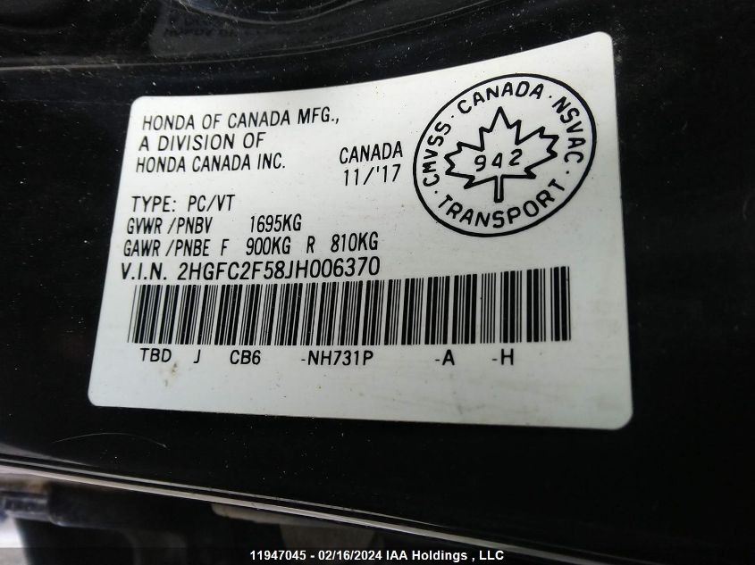 2018 Honda Civic Sedan VIN: 2HGFC2F58JH006370 Lot: 11947045