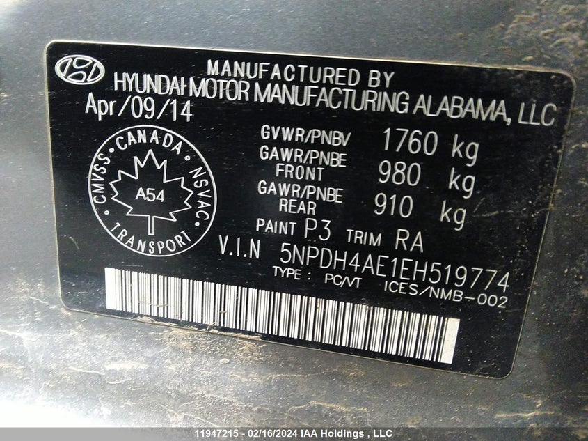 2014 Hyundai Elantra Se/Sport/Limited VIN: 5NPDH4AE1EH519774 Lot: 11947215