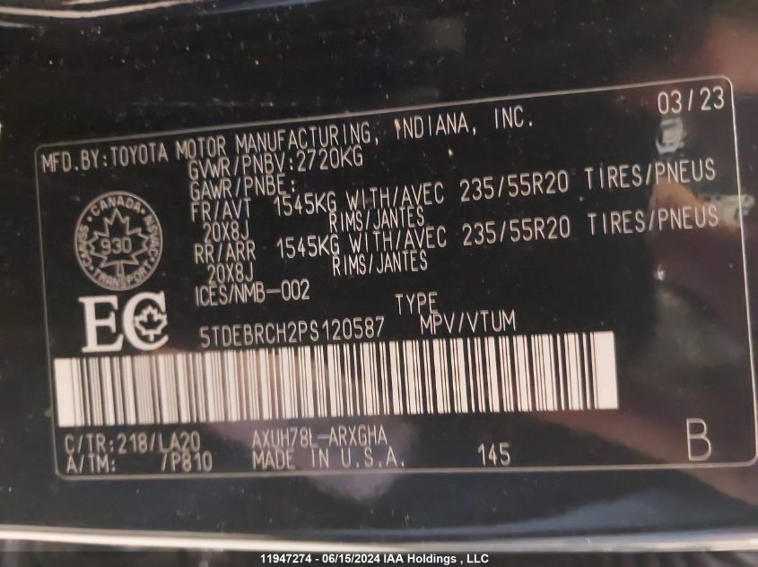 2023 Toyota Highlander Hybrid Limited/Hybrid Platinum VIN: 5TDEBRCH2PS120587 Lot: 11947274