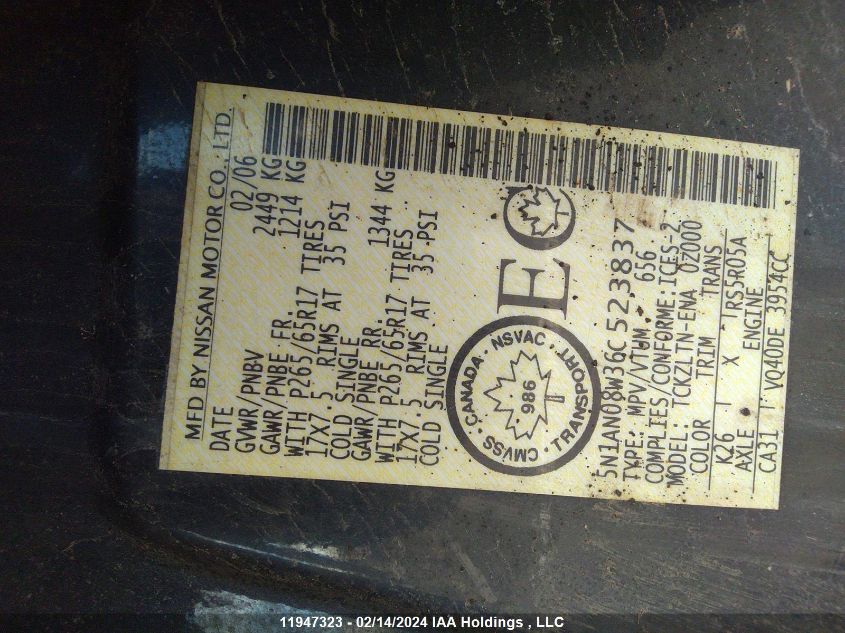 2006 Nissan Xterra Off Road/S/Se VIN: 5N1AN08W36C523837 Lot: 11947323