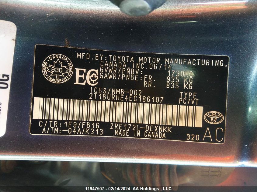 2014 Toyota Corolla L/Le/Le Pls/Prm/S/S Pls VIN: 2T1BURHE4EC186107 Lot: 50419964