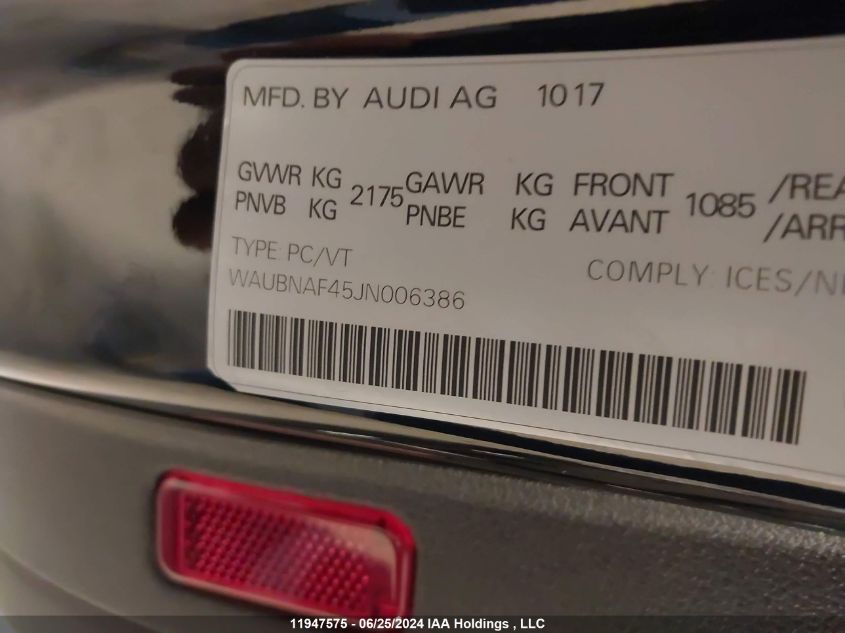 2018 Audi A4 Sedan VIN: WAUBNAF45JN006386 Lot: 11947575