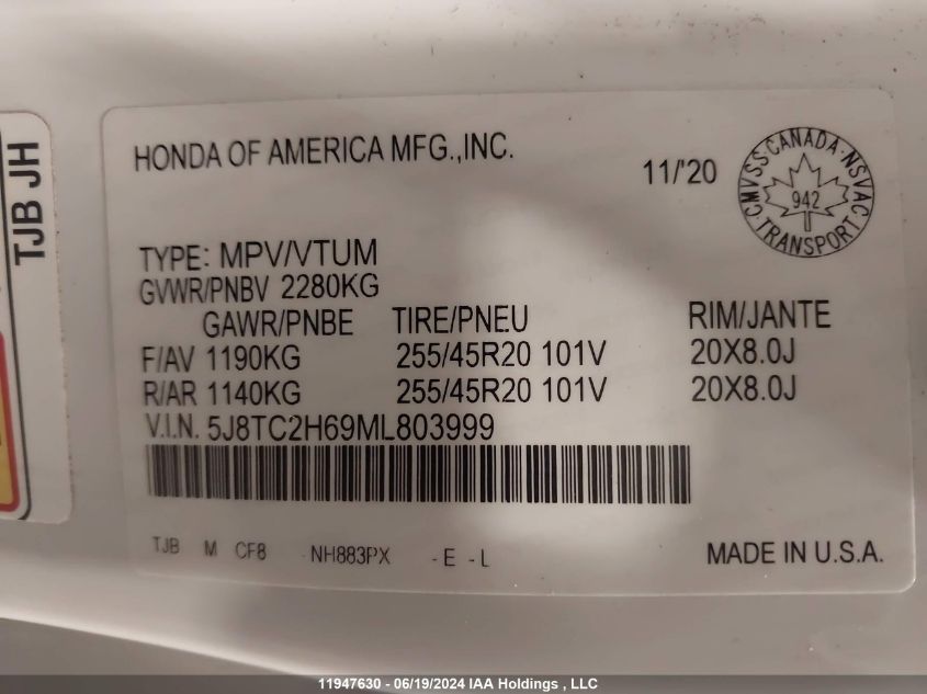 2021 Acura Rdx VIN: 5J8TC2H69ML803999 Lot: 11947630