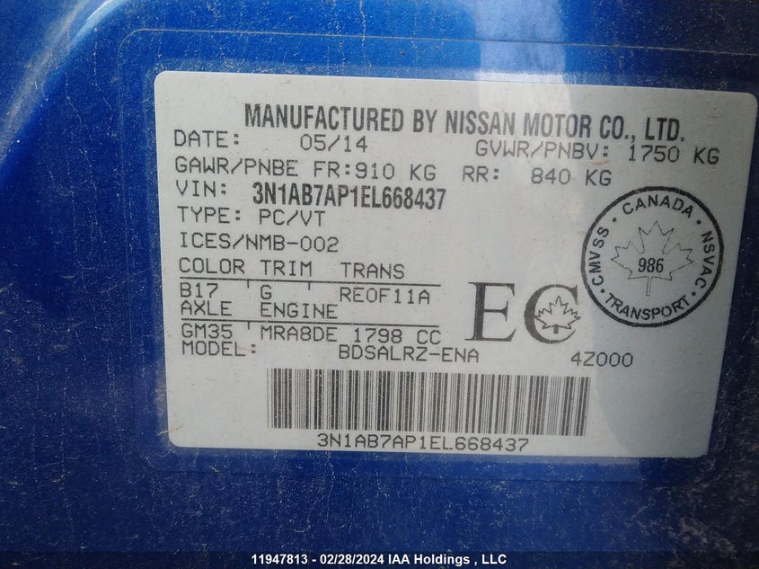 2014 Nissan Sentra VIN: 3N1AB7AP1EL668437 Lot: 11947813