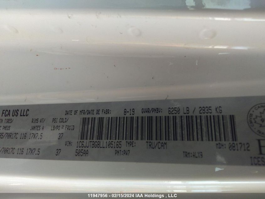 2020 Jeep Gladiator Rubicon VIN: 1C6JJTBG8LL105165 Lot: 11947956