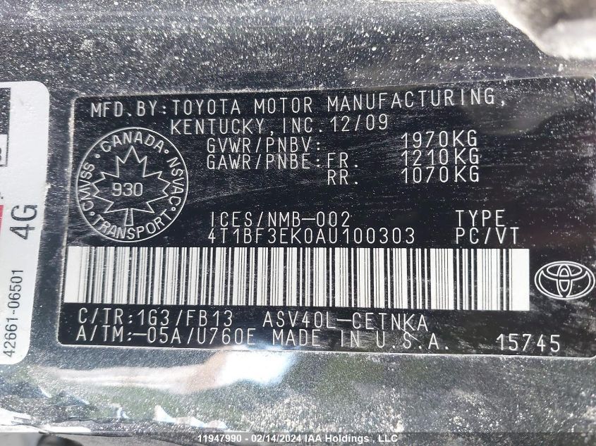 2010 Toyota Camry Se/Le/Xle VIN: 4T1BF3EK0AU100303 Lot: 11947990