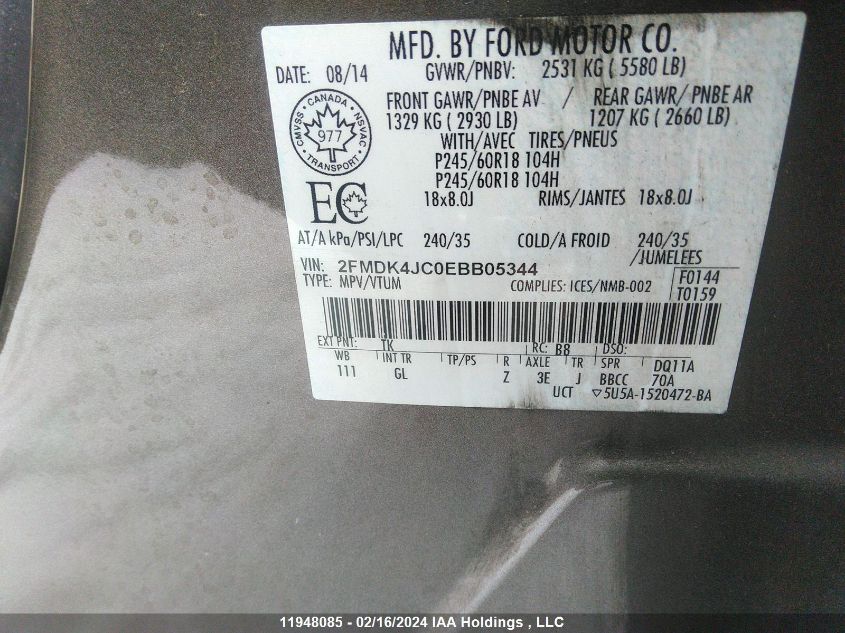 2014 Ford Edge Sel VIN: 2FMDK4JC0EBB05344 Lot: 11948085