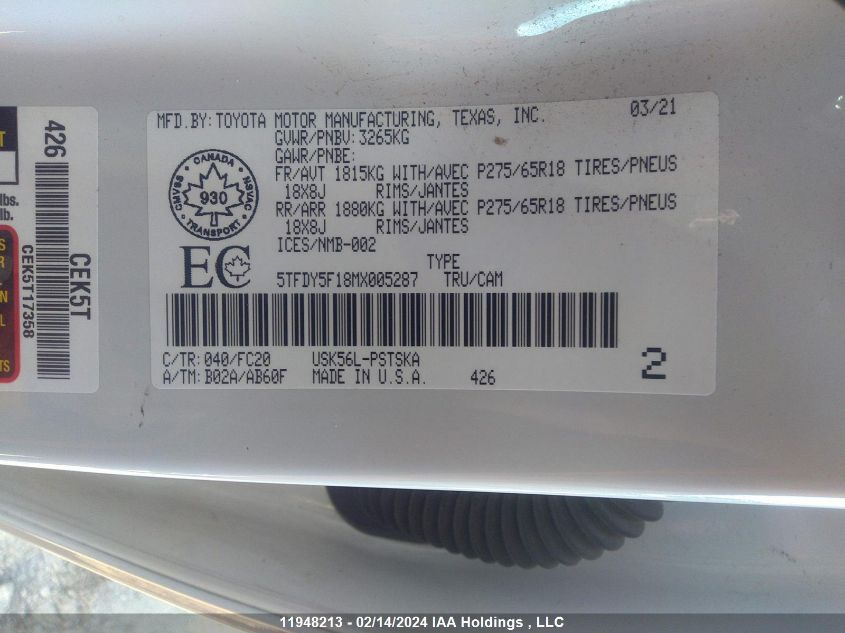 2021 Toyota Tundra Sr5 VIN: 5TFDY5F18MX005287 Lot: 11948213