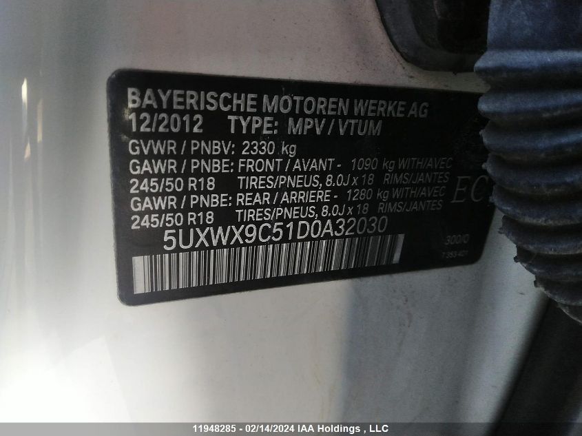 2013 BMW X3 VIN: 5UXWX9C51D0A32030 Lot: 11948285