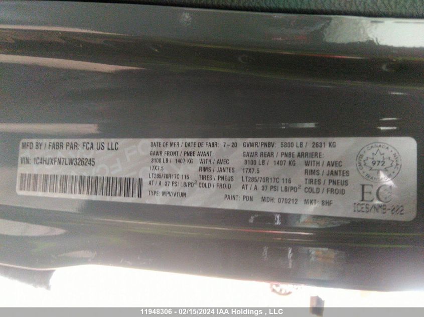 2020 Jeep Wrangler Unlimited Rubicon VIN: 1C4HJXFN7LW326245 Lot: 11948306