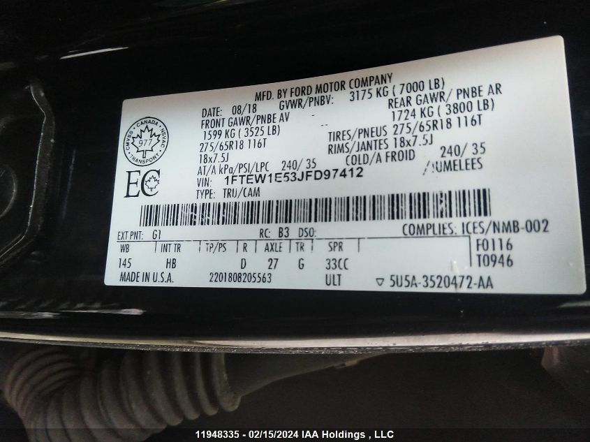 2018 Ford F150 Supercrew VIN: 1FTEW1E53JFD97412 Lot: 11948335