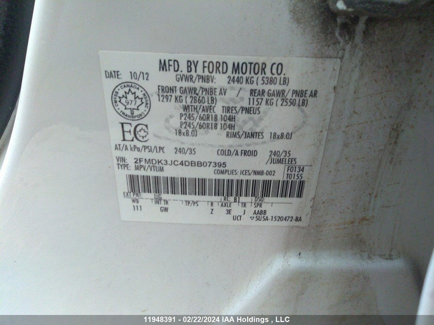 2013 Ford Edge Sel VIN: 2FMDK3JC4DBB07395 Lot: 11948391