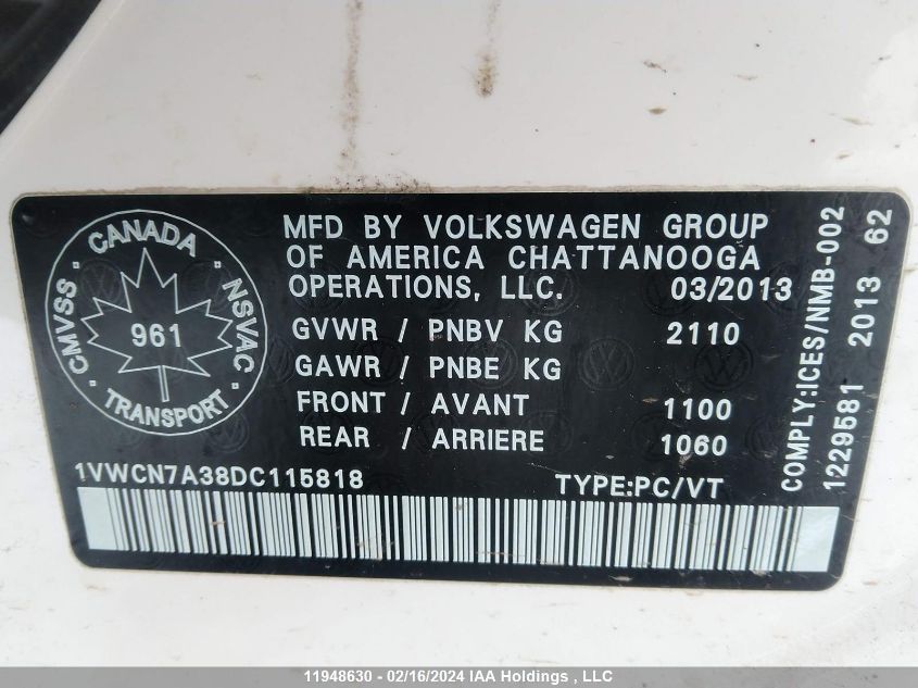 2013 Volkswagen Passat VIN: 1VWCN7A38DC115818 Lot: 11948630